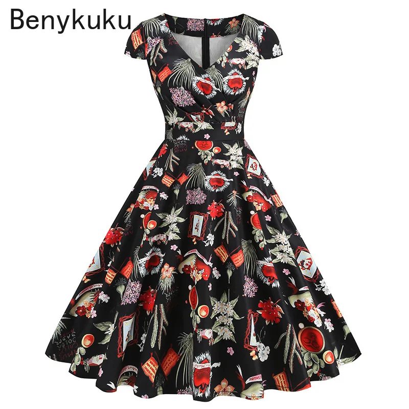 Women'S Fashion Of The 50S - Vestido Feminino Estampado Cereja Girassol Estilo