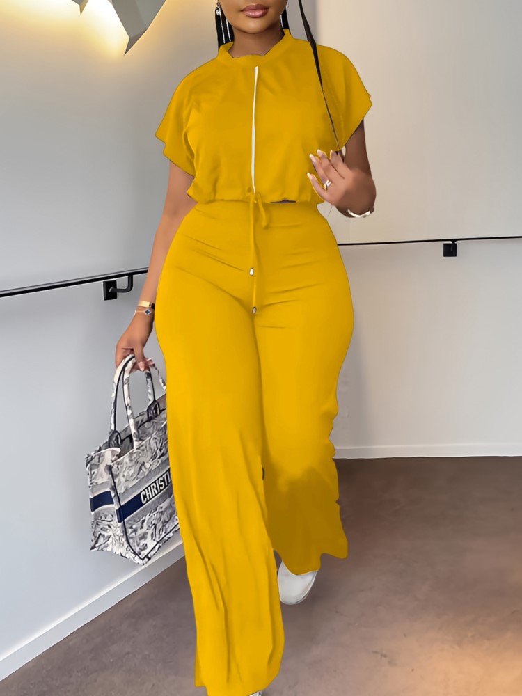 Wide Leg Palazzo Pants - Feminino casual em torno do pescoço