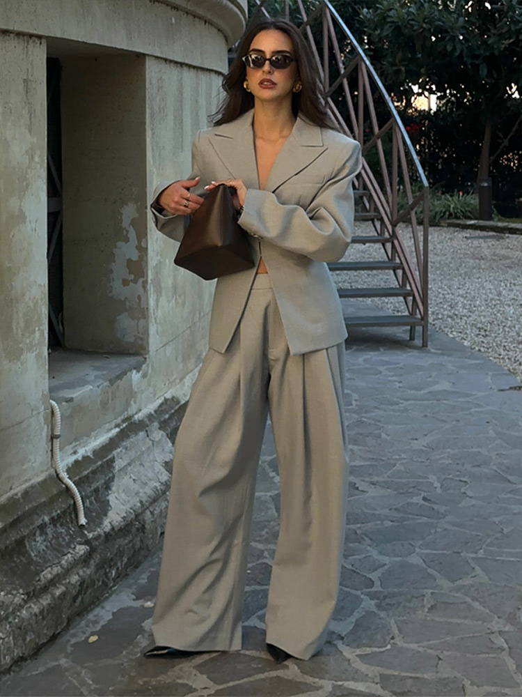 Wide Leg Palazzo Pants - Conjunto Casual Feminino de Blazer com