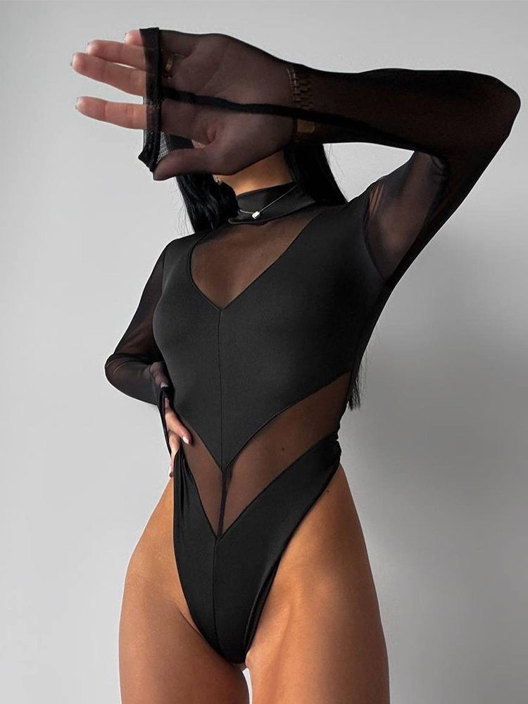 Turtleneck Bodysuit - Malha retalhos bodysuits para mulheres moda