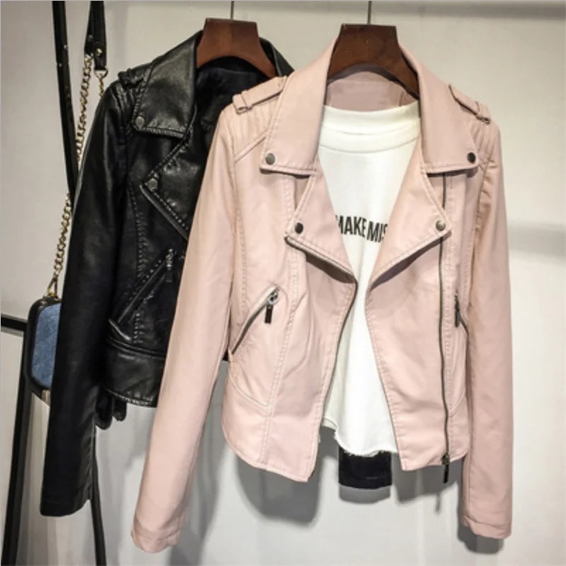 Women Fashion Jackets - Jaqueta de Couro Sintético com Zíper