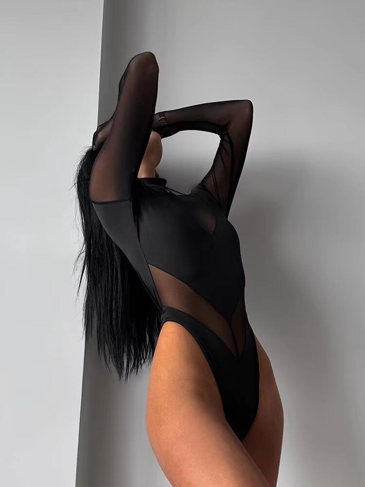 Malha retalhos bodysuits para  - Turtleneck Bodysuit avaliação e preço