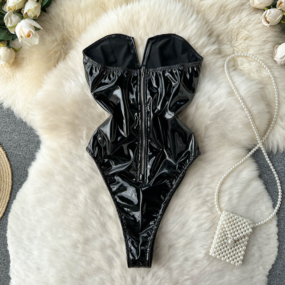 Bodysuits sexy de couro do plu - Turtleneck Bodysuit avaliação e preço